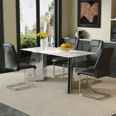 Streamdale Furniture Streamdale Cold Jade Dining Set: 63" Table & 4 Black Pu Chairs