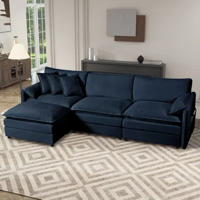 Streamdale Furniture Streamdale Comfy Blue Chenille Sectional Sofa With Ottoman