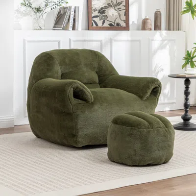 Streamdale Furniture Streamdale Comfy Faux Fur Bean Bag Chair W/ Footstool - Green