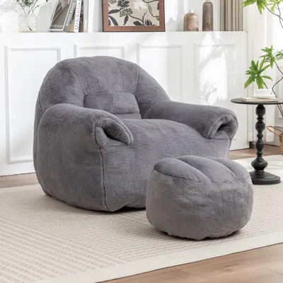 Streamdale Furniture Streamdale Comfy Faux Fur Bean Bag Chair W/ Footstool - Grey