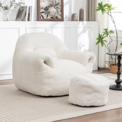 Streamdale Furniture Streamdale Comfy Faux Fur Bean Bag Chair W/ Footstool - White