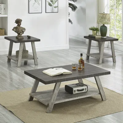 Streamdale Furniture Streamdale Contemporary 3-piece Wood Shelf Coffee Table Set In Weathered Walnut And Gray