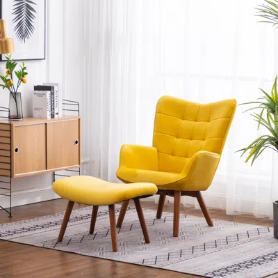 Streamdale Furniture Streamdale Contemporary Silky Velvet Tufted Accent Chair With Ottoman In Yellow