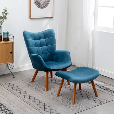 Streamdale Furniture Streamdale Contemporary Silky Velvet Tufted Accent Chair With Ottoman In Blue