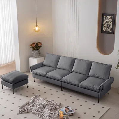 Streamdale Furniture Streamdale Contemporary Technical Leather Sofa With Convertible Ottoman In Gray