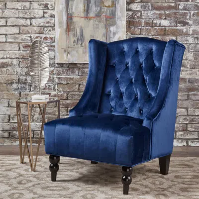 Streamdale Furniture Streamdale Contemporary Wingback Chair With Diamond Stitching And Birch Wood Legs In Blue