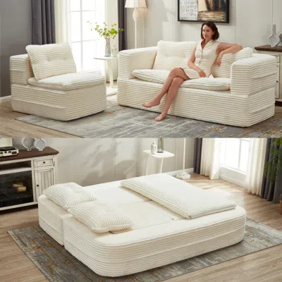 Streamdale Furniture Streamdale Convertible Corduroy Sectional Sofa Bed With Chaise & Blanket - Beige