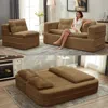 Streamdale Furniture Streamdale Convertible Corduroy Sectional Sofa Bed With Chaise & Blanket - Camel