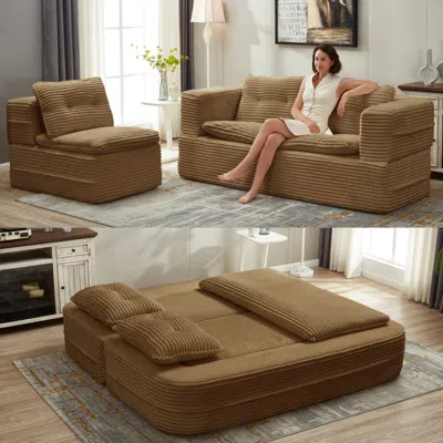 Streamdale Furniture Streamdale Convertible Corduroy Sectional Sofa Bed With Chaise & Blanket - Camel