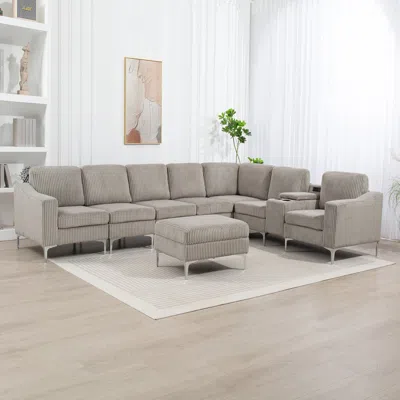 Streamdale Furniture Streamdale Convertible Corduroy Sectional Sofa With Ottoman, Usb, Gray