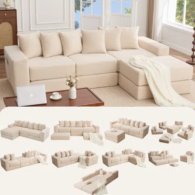 Streamdale Furniture Streamdale Convertible Corduroy Sectional Sofa With Pillows In Neutral