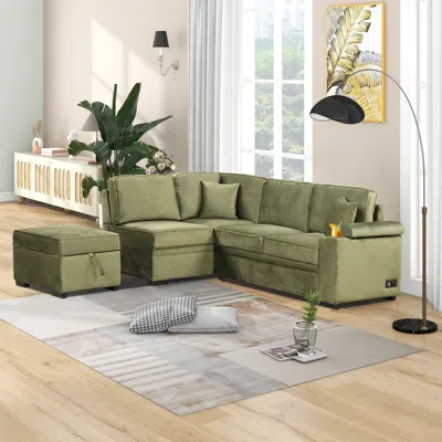 Streamdale Furniture Streamdale Convertible L-shaped Sleeper Sofa With Storage Ottoman In Green