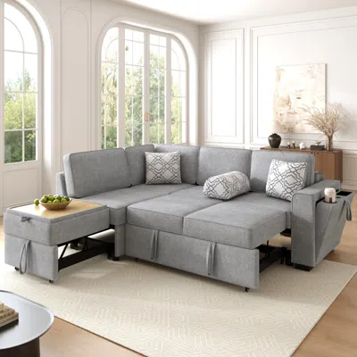 Streamdale Furniture Streamdale Convertible Sectional Sofa Bed W/ Pull-out Sleepers, Table, Usb, Storage - Light Gray