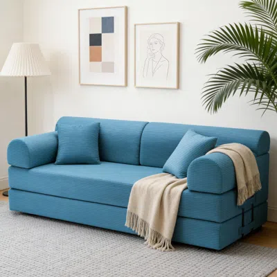 Streamdale Furniture Streamdale Convertible Sleeper Sofa Bed With Pillow, Corduroy Folding Mattress Couch (azure) In Blue