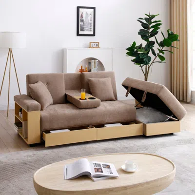 Streamdale Furniture Streamdale Convertible Sleeper Sofa Bed With Storage Ottoman & Drop Down Table - Light Brown
