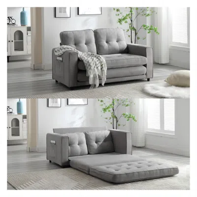 Streamdale Furniture Streamdale Convertible Sofa Bed Set In Gray & Beige Linen Fabric
