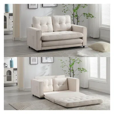 Streamdale Furniture Streamdale Convertible Sofa Bed Set In Gray & Beige Linen Fabric In White