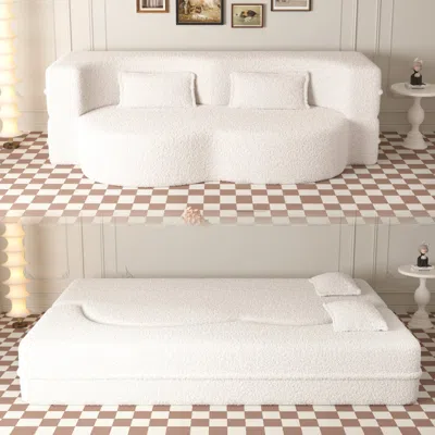 Streamdale Furniture Streamdale Convertible Teddy Fabric Foam Sleeper Sofa Bed With 2 Pillows - Beige In White