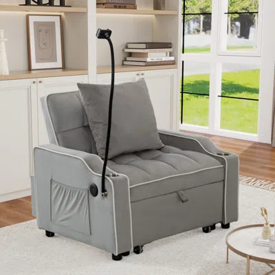Streamdale Furniture Streamdale Convertible Velvet Futon Sleeper Chair Bed W/ Usb & Phone Holder (light Gray)
