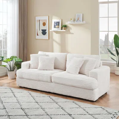Streamdale Furniture Streamdale Corduroy 3-seater Sofa W/ 4 Pillows - White