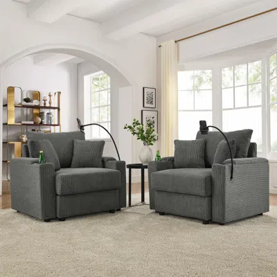Streamdale Furniture Streamdale Corduroy Accent Chairs (set Of 2) With Storage, Cup & Phone Holders