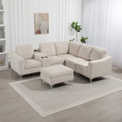 Streamdale Furniture Streamdale Corduroy Convertible Sectional Sofa With Ottoman & Usb - Beige