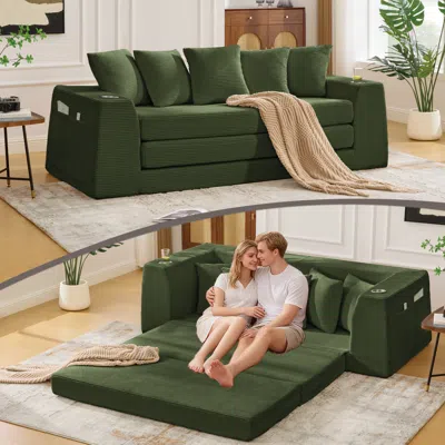 Streamdale Furniture Streamdale Corduroy Convertible Sofa Bed Loveseat Sleeper With 5 Pillows, Green