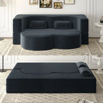 Streamdale Furniture Streamdale Corduroy Foam Sleeper Sofa Bed With Pillows - Dark Grey In Blue