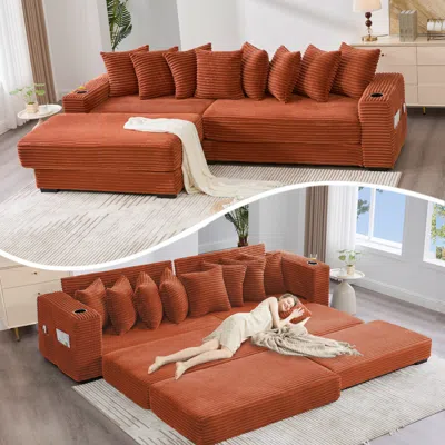 Streamdale Furniture Streamdale Corduroy L-shaped Sectional Sofa Bed W/ Footstool, Pillows & Cup Holders - Orange In Brown