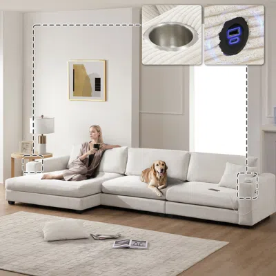 Streamdale Furniture Streamdale Corduroy L-shaped Sofa With Usb Charger, Cup Holder In White