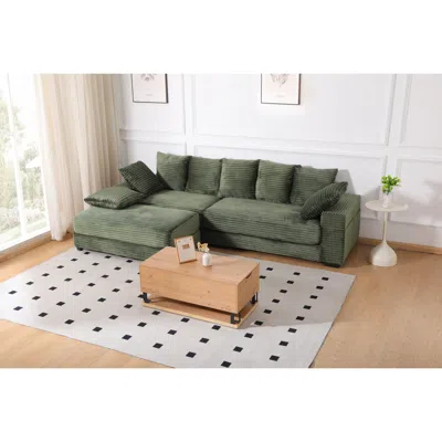 Streamdale Furniture Streamdale Corduroy Sectional Sofa W/ Ottoman & Pillows - Green