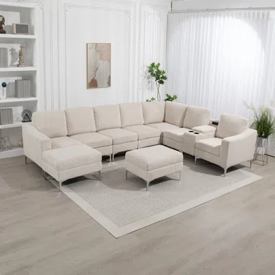 Streamdale Furniture Streamdale Corduroy Sectional Sofa With Ottoman, Storage, & Usb - Beige