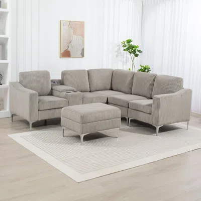 Streamdale Furniture Streamdale Corduroy Sectional Sofa With Storage, Usb, & Ottoman