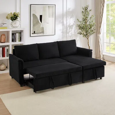 Streamdale Furniture Streamdale Corduroy Sleeper Sectional Sofa With Storage Chaise - Black