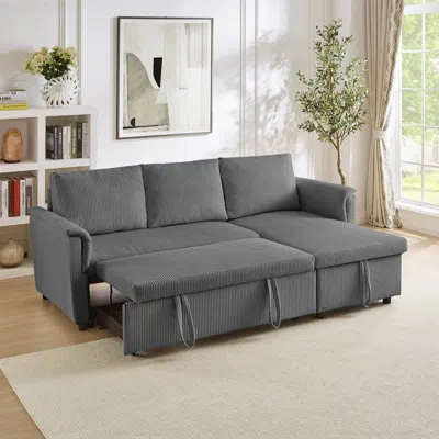 Streamdale Furniture Streamdale Corduroy Sleeper Sectional Sofa With Storage Chaise - Gray