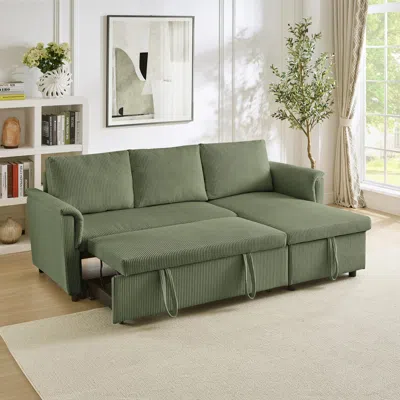 Streamdale Furniture Streamdale Corduroy Sleeper Sectional Sofa With Storage Chaise - Green