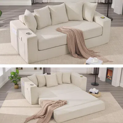 Streamdale Furniture Streamdale Corduroy Sleeper Sofa Bed Loveseat With Pillows & Cup Holders - Beige In Neutral