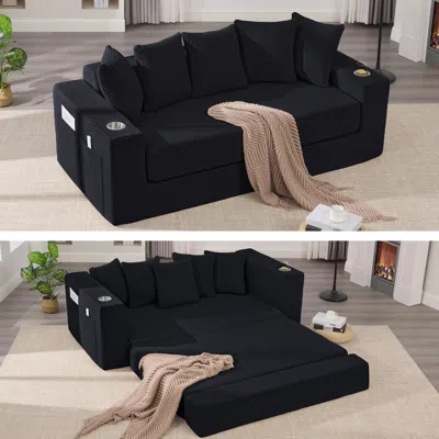 Streamdale Furniture Streamdale Corduroy Sleeper Sofa Bed Loveseat With Pillows & Cup Holders - Black