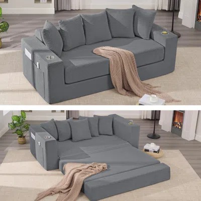 Streamdale Furniture Streamdale Corduroy Sleeper Sofa Bed With Pillows & Cup Holders - Dark Gray