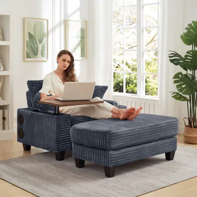 Streamdale Furniture Streamdale Corduroy Sofa Bed With Ottoman, Bluetooth, Usb, Rotating Table