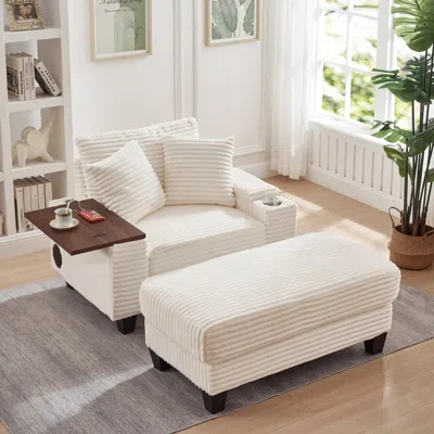 Streamdale Furniture Streamdale Corduroy Sofa Bed With Ottoman, Bluetooth, Usb, Rotating Table In White
