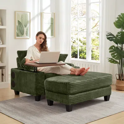 Streamdale Furniture Streamdale Corduroy Sofa Bed With Ottoman, Bluetooth, Usb, Rotating Table In Green