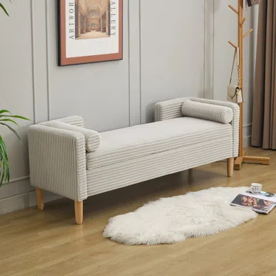 Streamdale Furniture Streamdale Corduroy Storage Bench W/ Armrests & Pillows - Light Gray