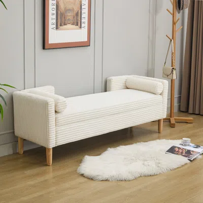 Streamdale Furniture Streamdale Corduroy Storage Bench With Armrests & Pillows - Ivory