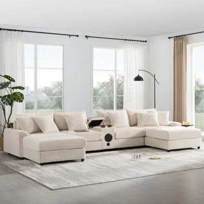 Streamdale Furniture Streamdale Corduroy U-shaped Sectional Sofa With Bluetooth, Usb, Cup Holders & Storage