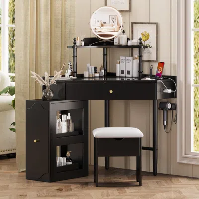 Streamdale Furniture Streamdale Corner Vanity Desk Set, Cushioned Stool, Charging Station, Black