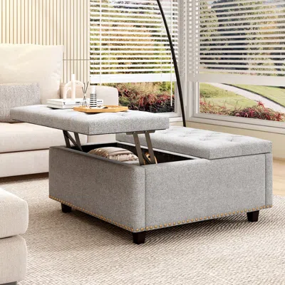 Streamdale Furniture Streamdale Cotton Linen Square Chair With Storage Large Square Ottoman With Storage Double Door Stor