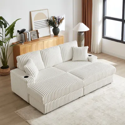 Streamdale Furniture Streamdale Cozy 84" Corduroy Sofa With Storage, Ottomans, And Pillows