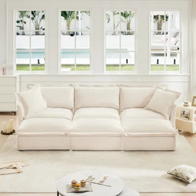 Streamdale Furniture Streamdale Cream Chenille 3-seat Sofa With Ottomans & Sleeper