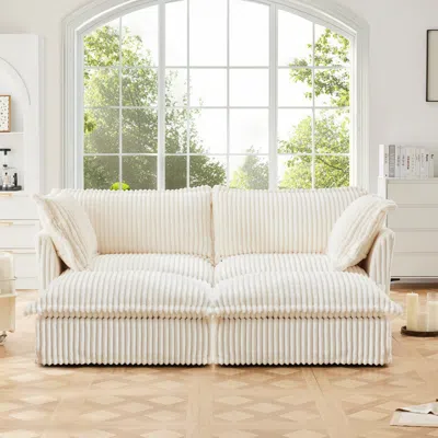 Streamdale Furniture Streamdale Cream Corduroy 2-seater Sofa With Ottomans & Sleeper